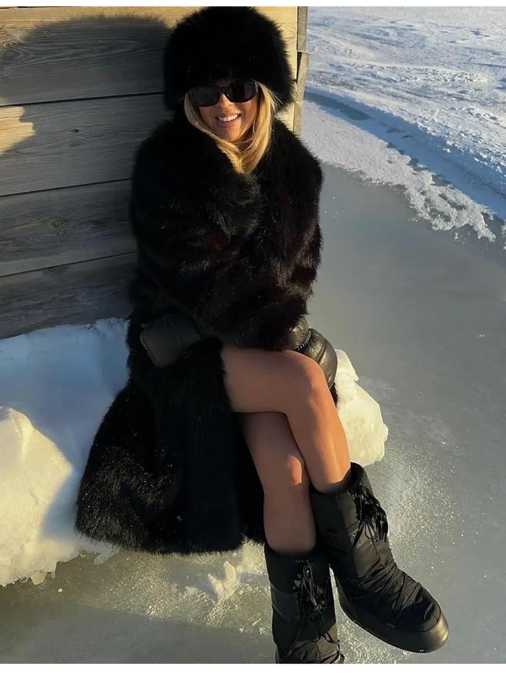 Black Full-Length Fur Coat women jacket plush teddy